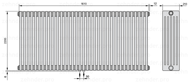 Схема (чертеж) Радиатор Zehnder Charleston 6220/35 №3470 Белый глянцевый RAL 9016